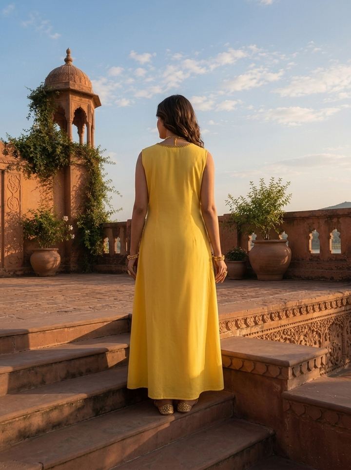 Yellow Rayon Floral Motif Printed Dress