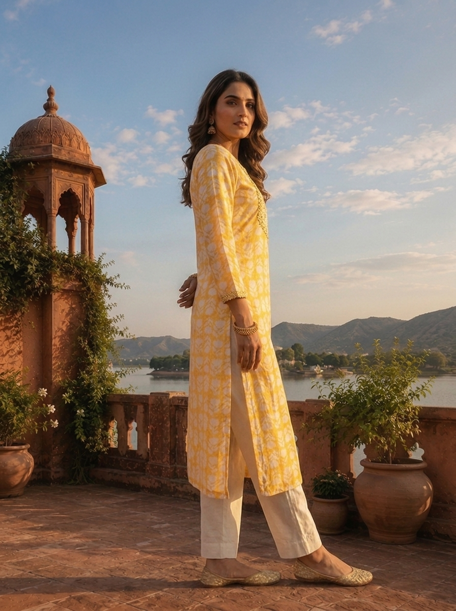 Yellow Muslin Floral Leaf Motif Printed Kurta