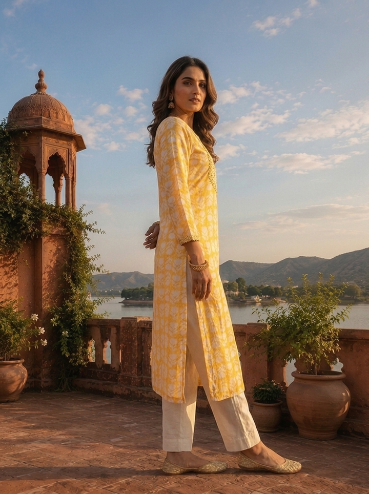 Yellow Muslin Floral Leaf Motif Printed Kurta