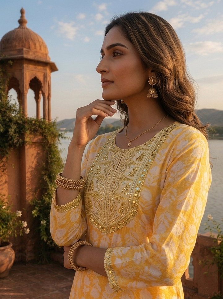 Yellow Muslin Floral Leaf Motif Printed Kurta