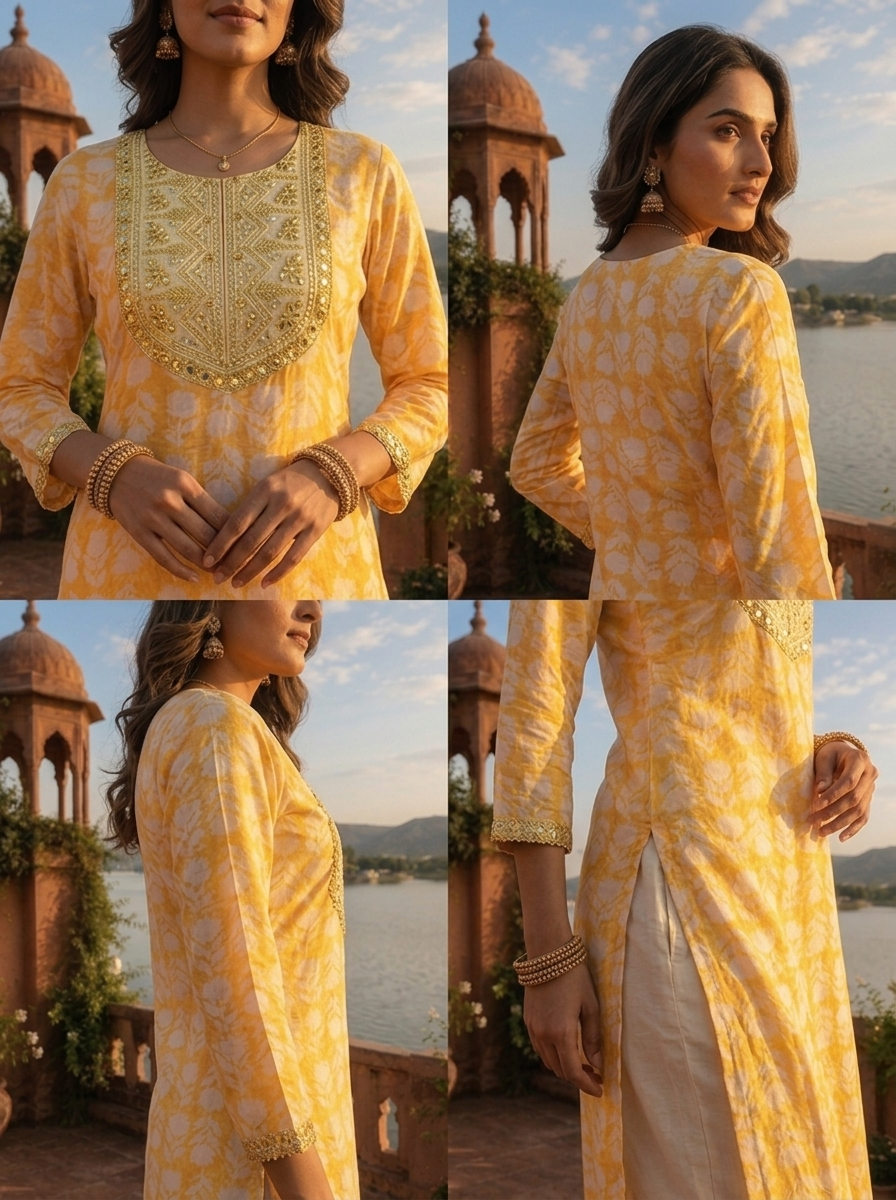 Yellow Muslin Floral Leaf Motif Printed Kurta