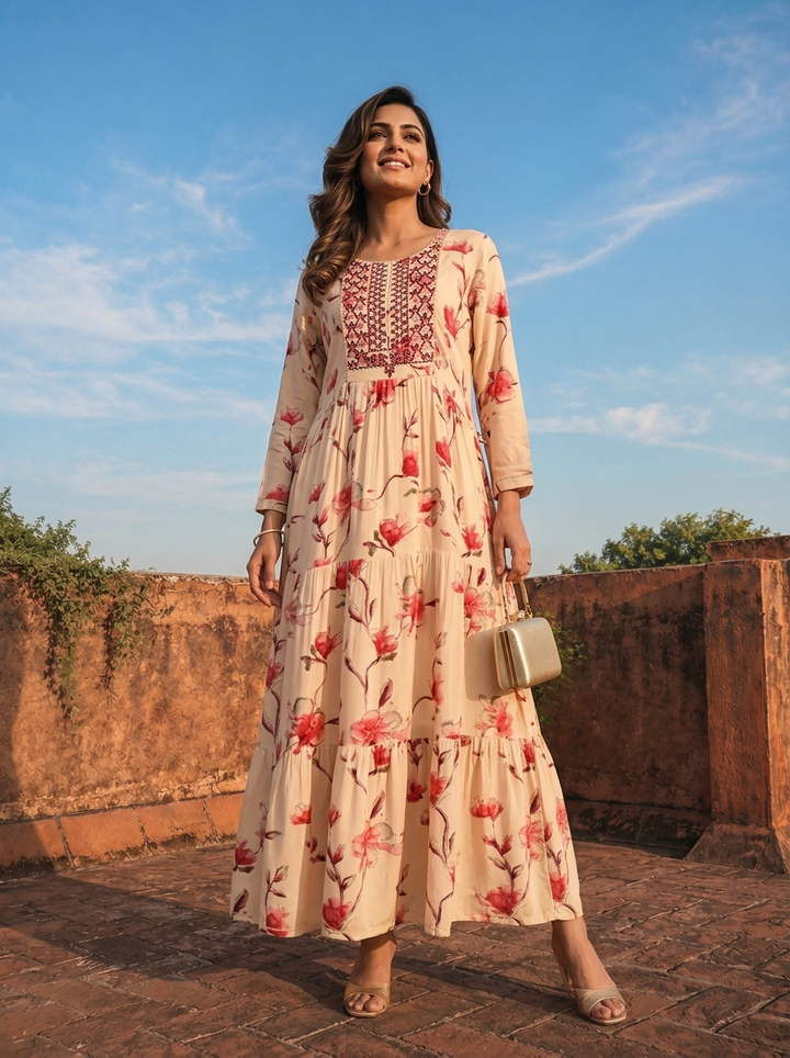 Pink Rayon Floral Blossom Printed Dress
