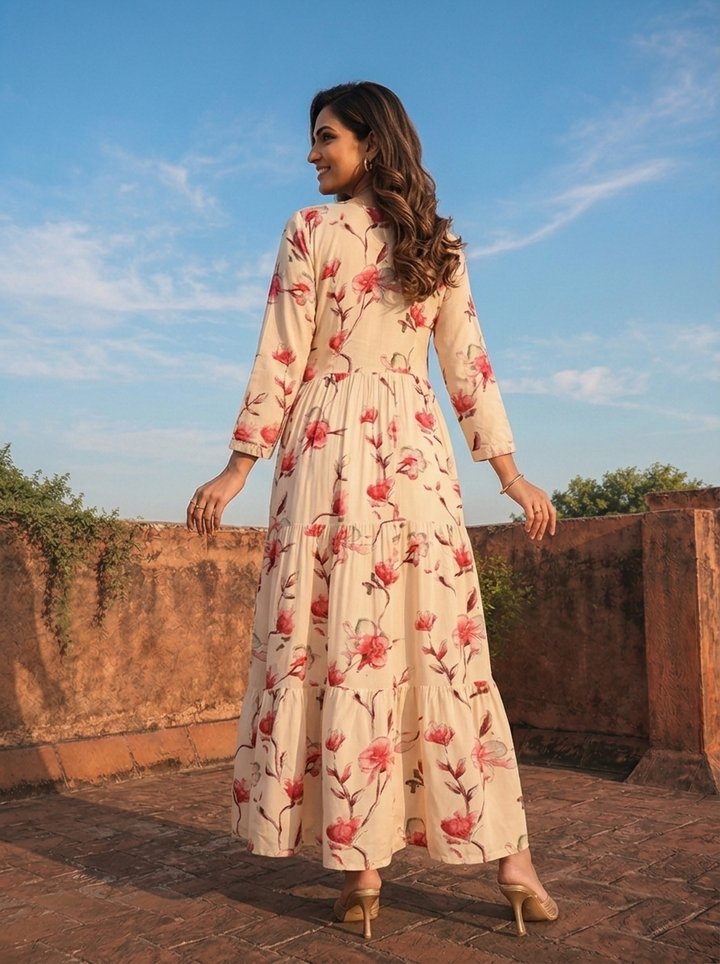 Pink Rayon Floral Blossom Printed Dress