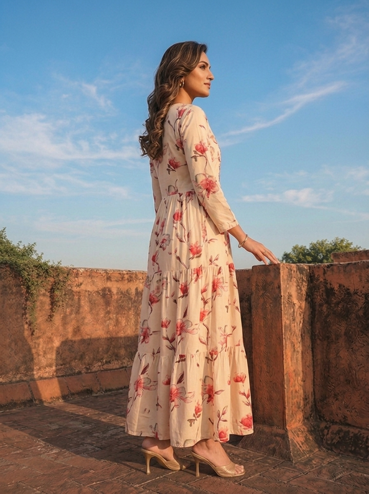 Pink Rayon Floral Blossom Printed Dress