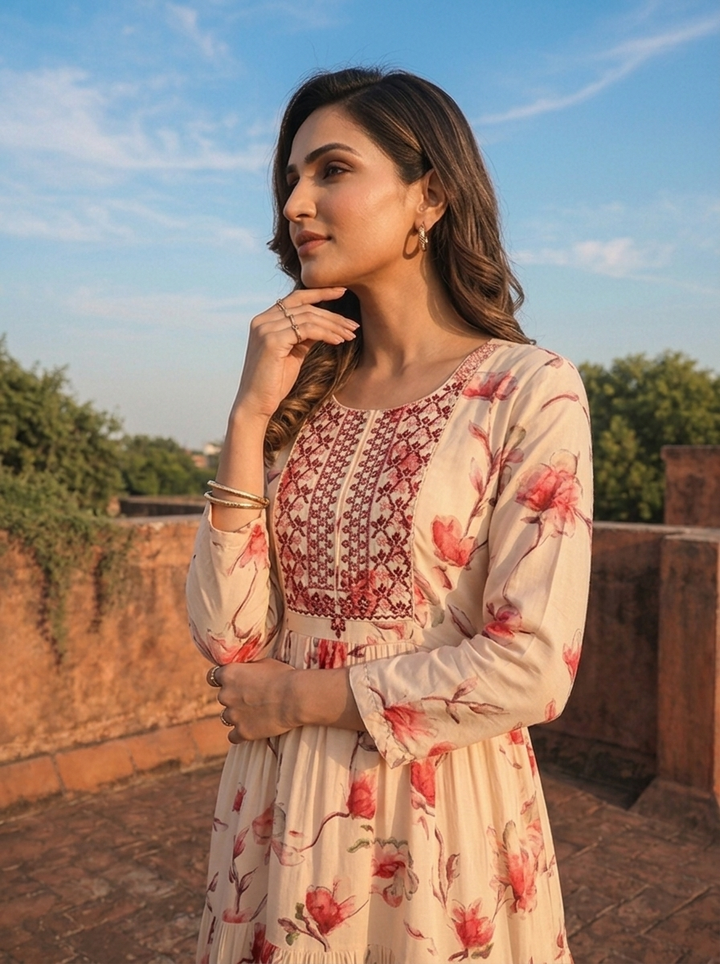 Pink Rayon Floral Blossom Printed Dress