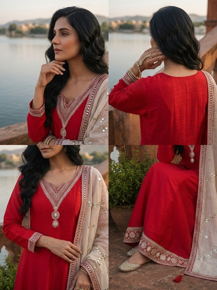 Maroon Vichitra Silk Geometric Zari Embroidery Three Piece Set