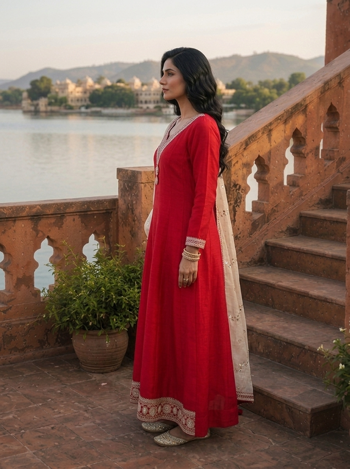 Maroon Vichitra Silk Geometric Zari Embroidery Three Piece Set