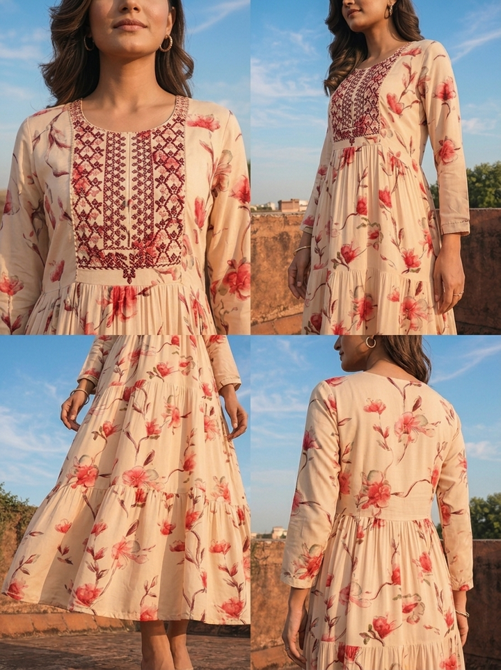 Pink Rayon Floral Blossom Printed Dress