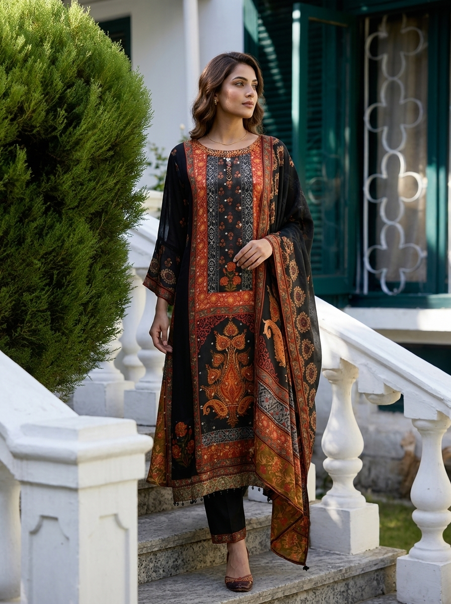 Black Georgette Ethnic Motif  Printed Three Piece Set