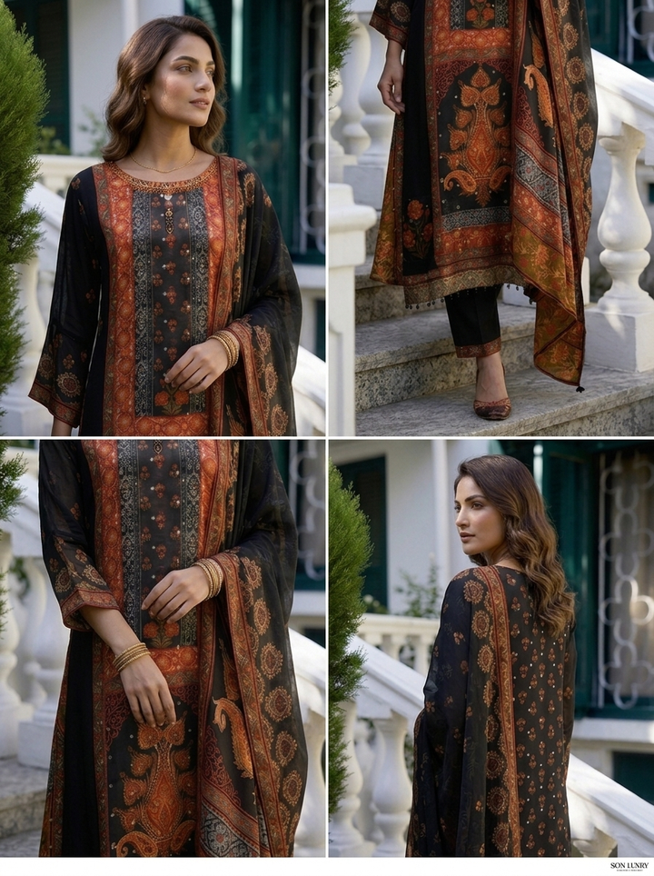 Black Georgette Ethnic Motif  Printed Three Piece Set