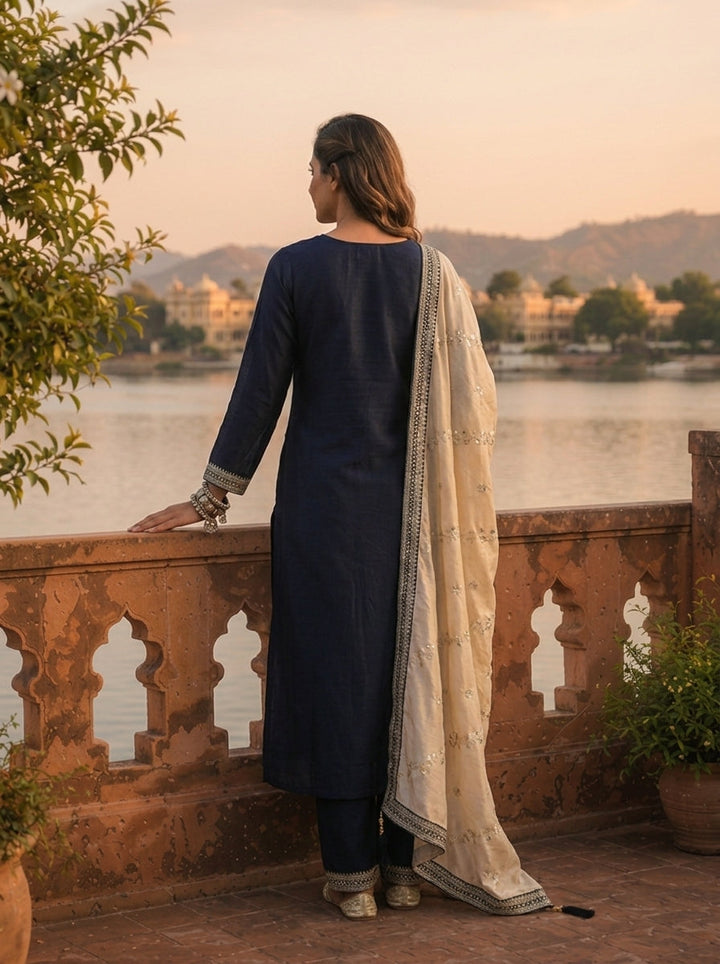 Navy Blue Vichitra Silk Geometric Zari Embroidery Three Piece Set