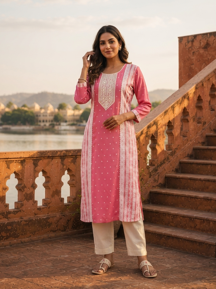 Pink Rayon Polka Dot Printed Kurta