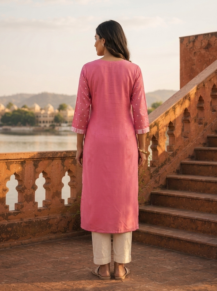 Pink Rayon Polka Dot Printed Kurta
