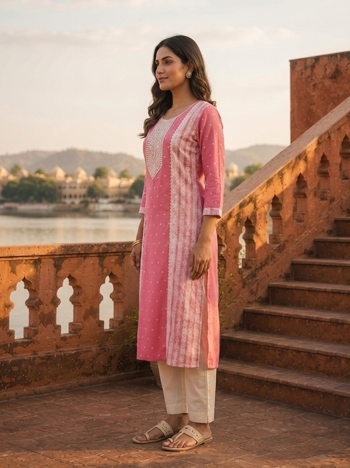 Pink Rayon Polka Dot Printed Kurta