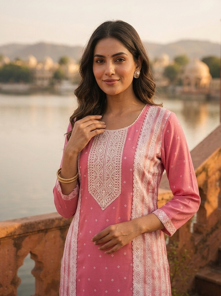 Pink Rayon Polka Dot Printed Kurta