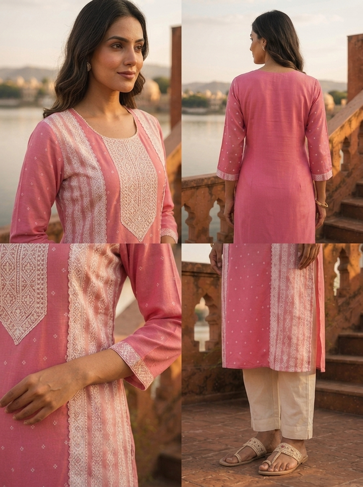 Pink Rayon Polka Dot Printed Kurta
