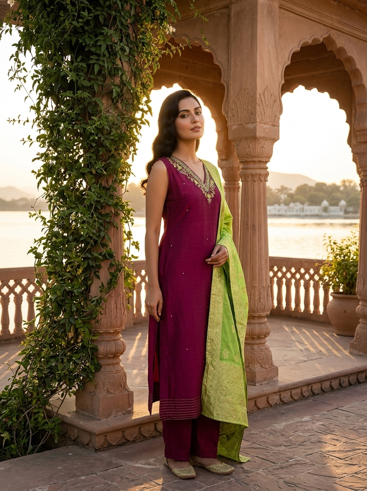Wine Vichitra Silk Intricate Hand Embroidery Three Piece Set