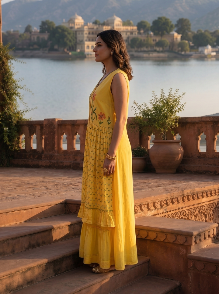 Yellow Rayon Floral Motif Printed Dress