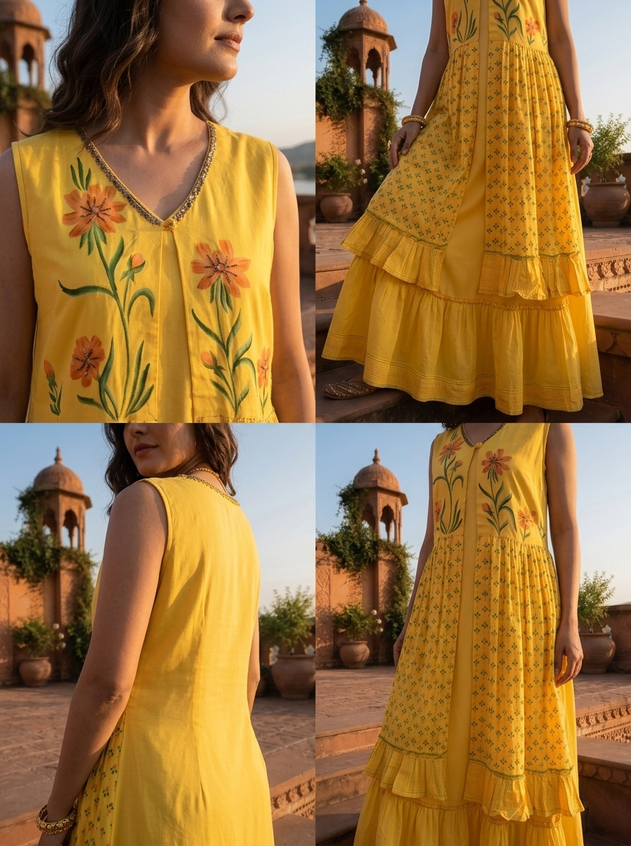 Yellow Rayon Floral Motif Printed Dress