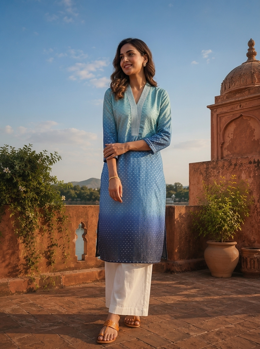 Blue Georgette Ombre Printed Kurta