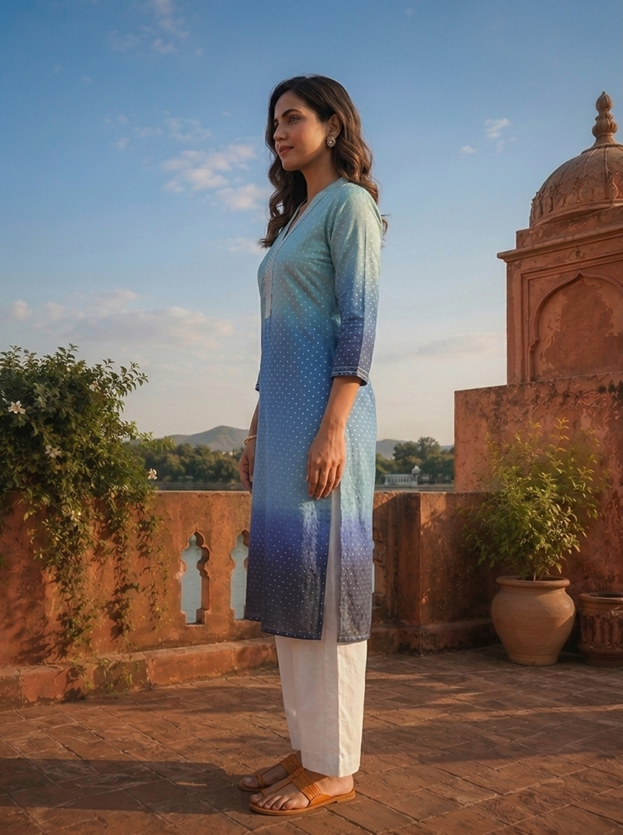 Blue Georgette Ombre Printed Kurta