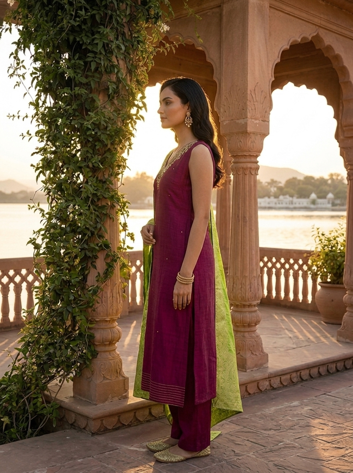 Wine Vichitra Silk Intricate Hand Embroidery Three Piece Set