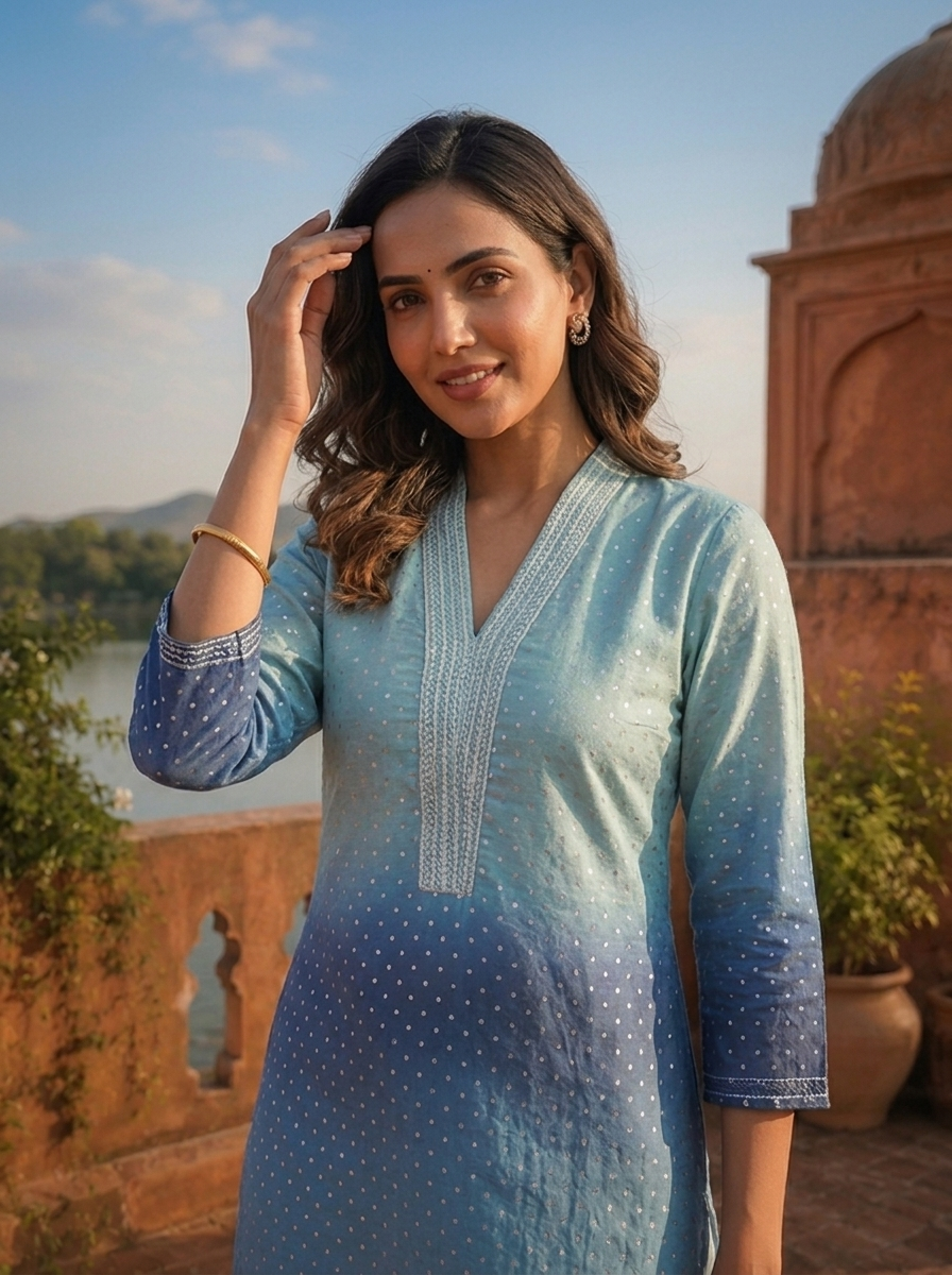 Blue Georgette Ombre Printed Kurta