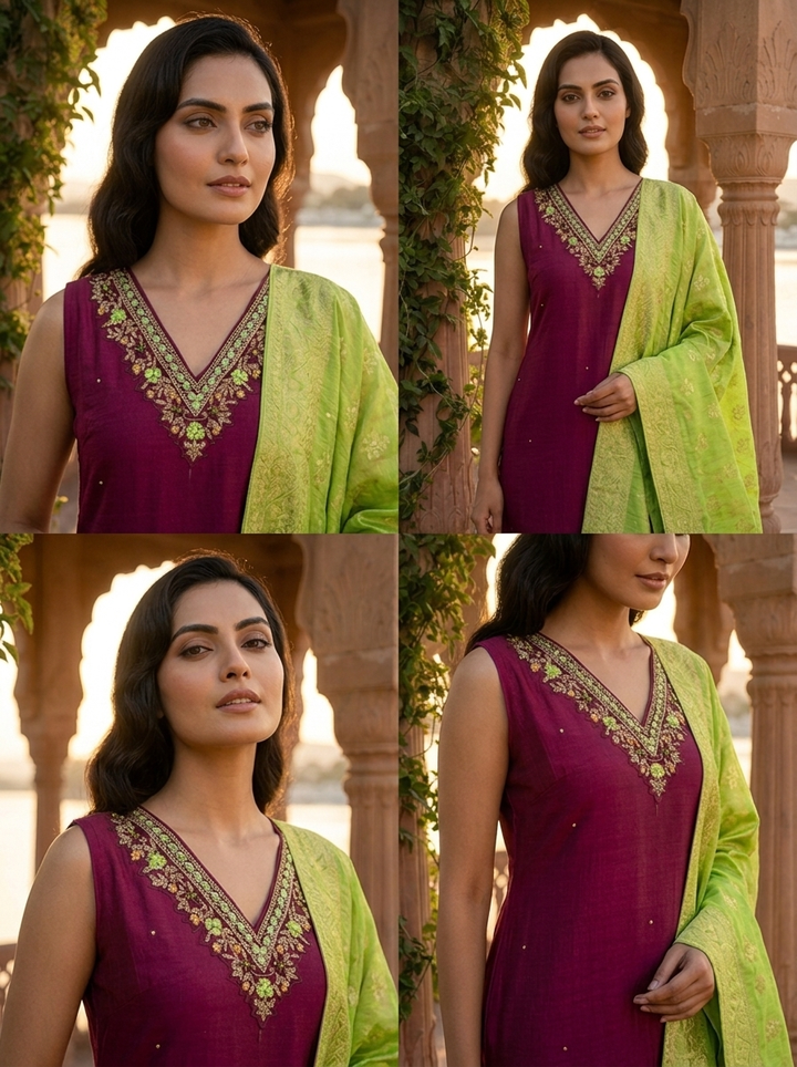 Wine Vichitra Silk Intricate Hand Embroidery Three Piece Set