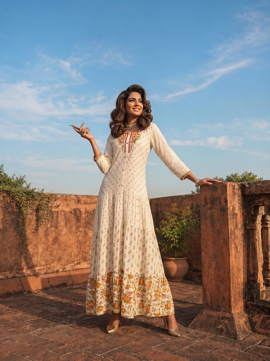 Cream Rayon Floral Leaf Motif Printed Dress