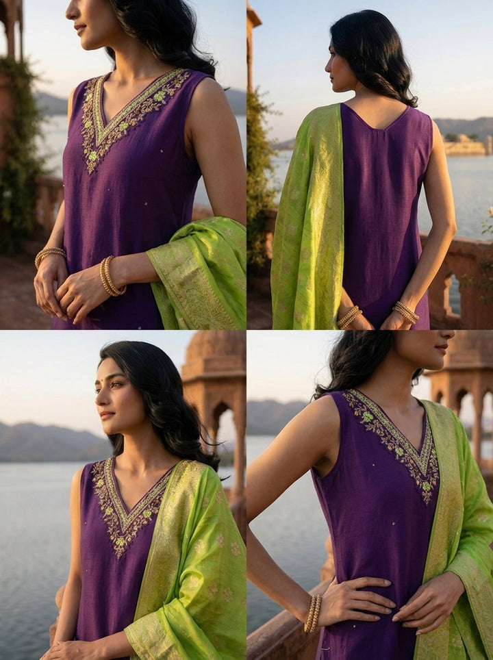 Purple Vichitra Silk Intricate Hand Embroidery Three Piece Set