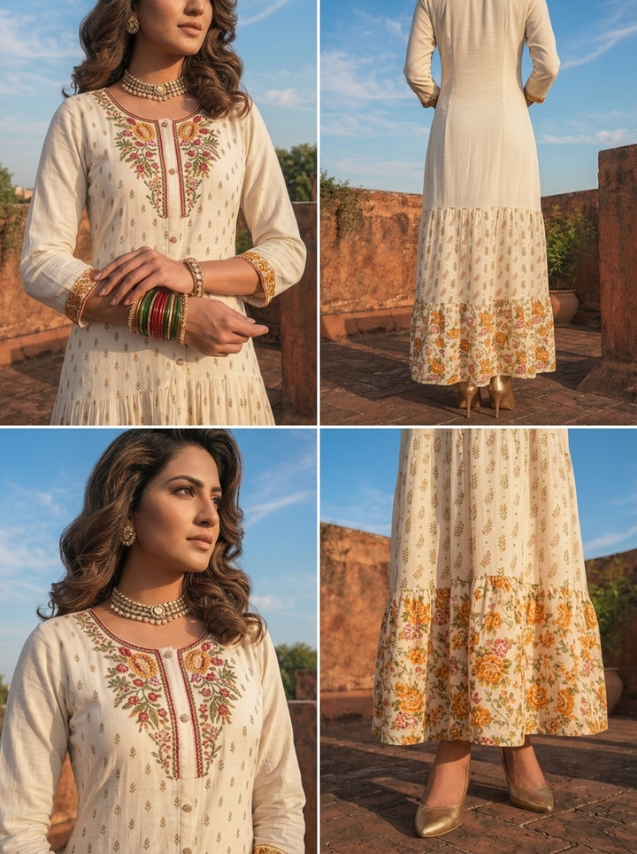 Cream Rayon Floral Leaf Motif Printed Dress