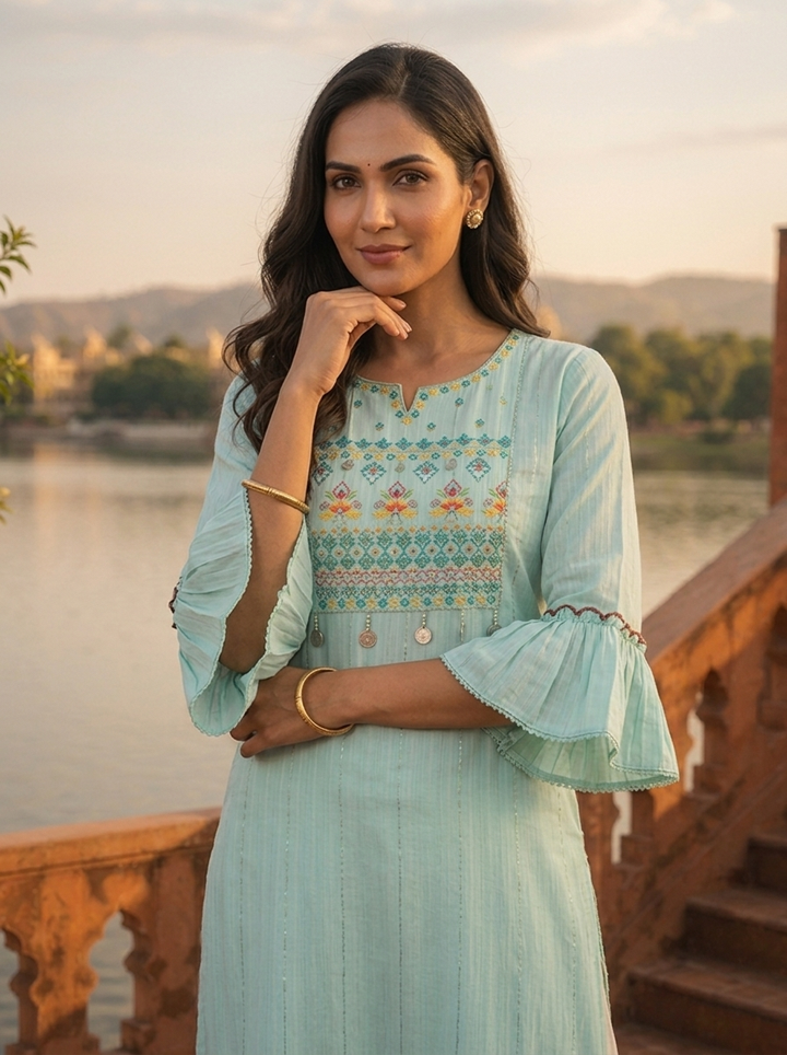 Sea Green Rayon Pintuck Stripe Embroidery Kurta
