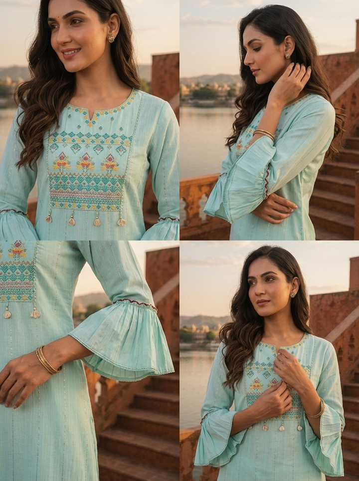 Sea Green Rayon Pintuck Stripe Embroidery Kurta