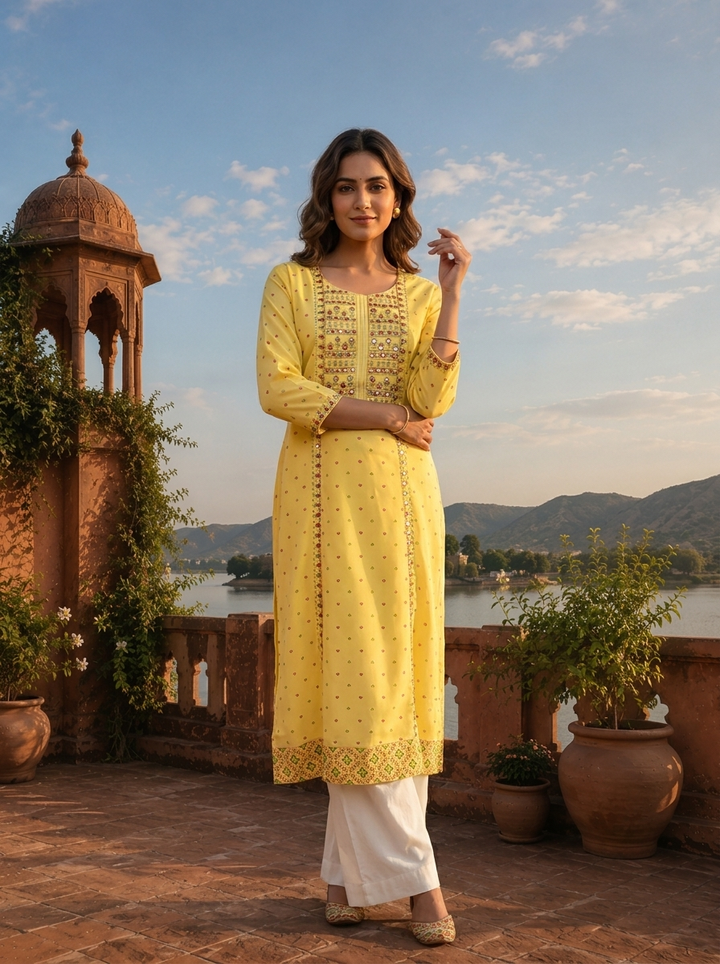 Yellow Rayon Multi Color Foil Mirror Embroidery Kurta