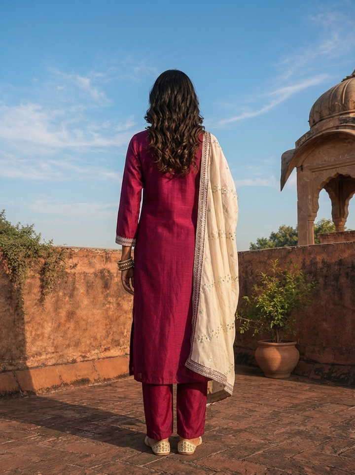 Magenta Vichitra Silk Geometric Zari Embroidery Three Piece Set