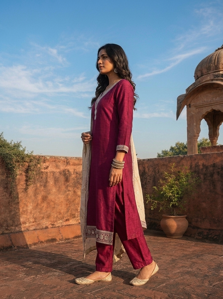 Magenta Vichitra Silk Geometric Zari Embroidery Three Piece Set