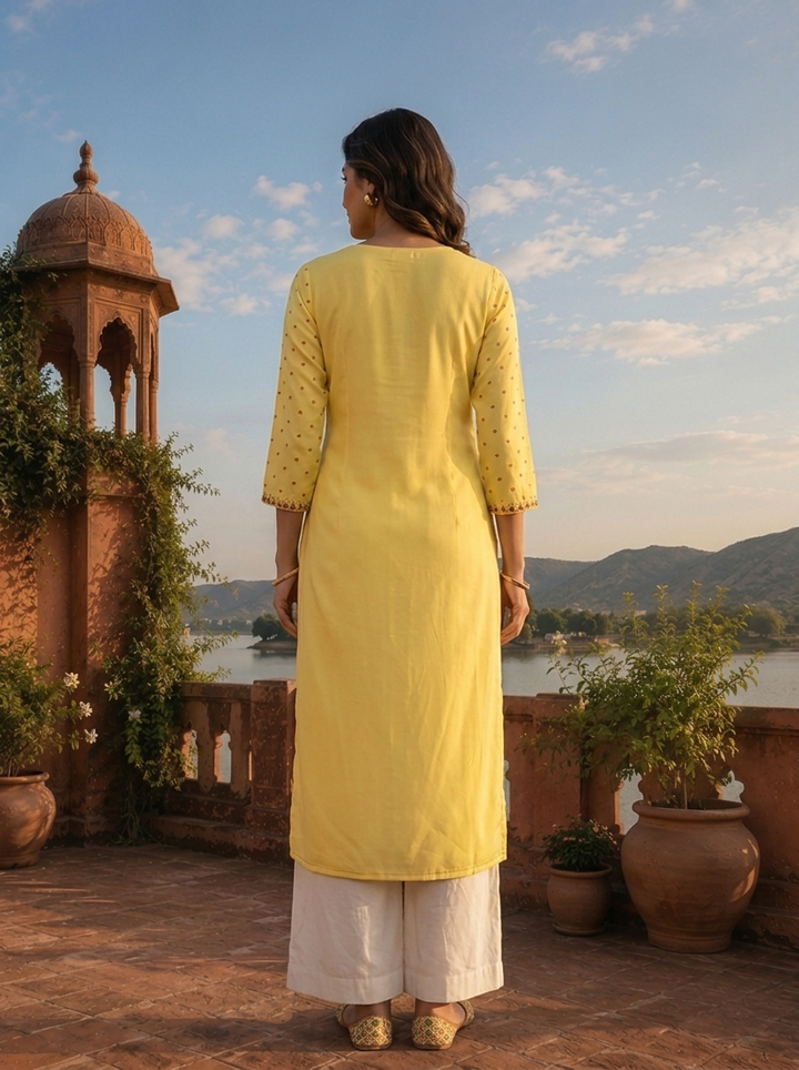 Yellow Rayon Multi Color Foil Mirror Embroidery Kurta