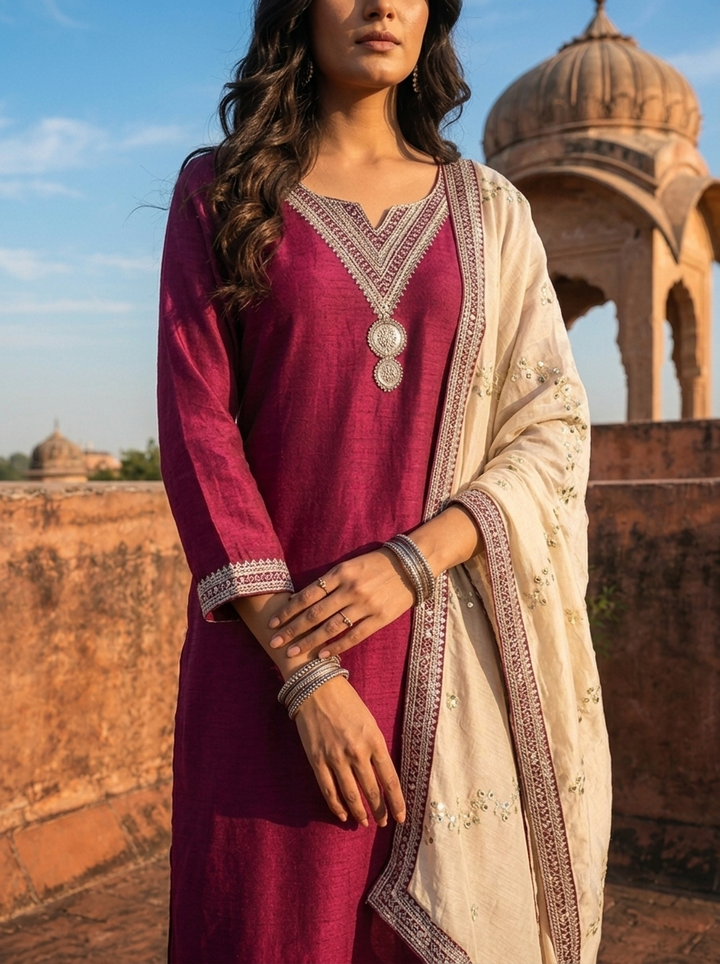 Magenta Vichitra Silk Geometric Zari Embroidery Three Piece Set
