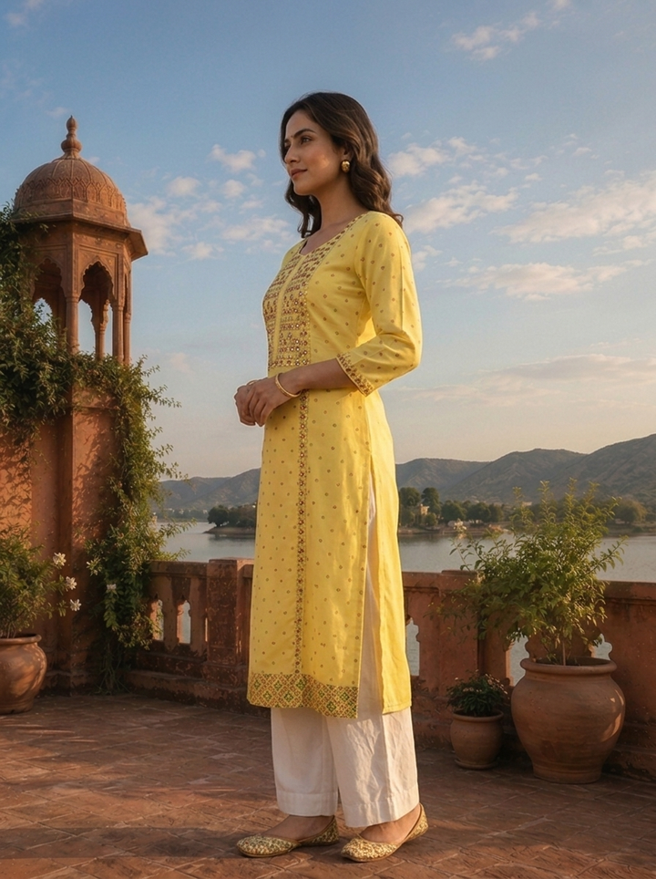 Yellow Rayon Multi Color Foil Mirror Embroidery Kurta