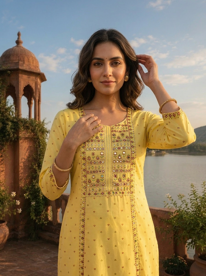 Yellow Rayon Multi Color Foil Mirror Embroidery Kurta