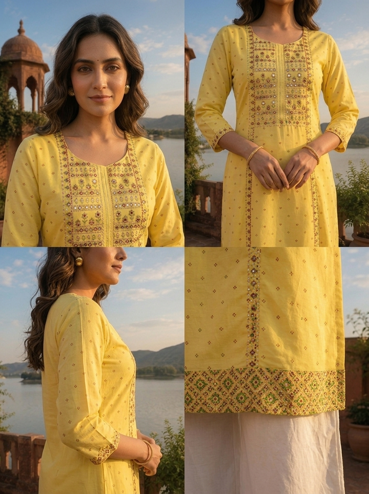 Yellow Rayon Multi Color Foil Mirror Embroidery Kurta