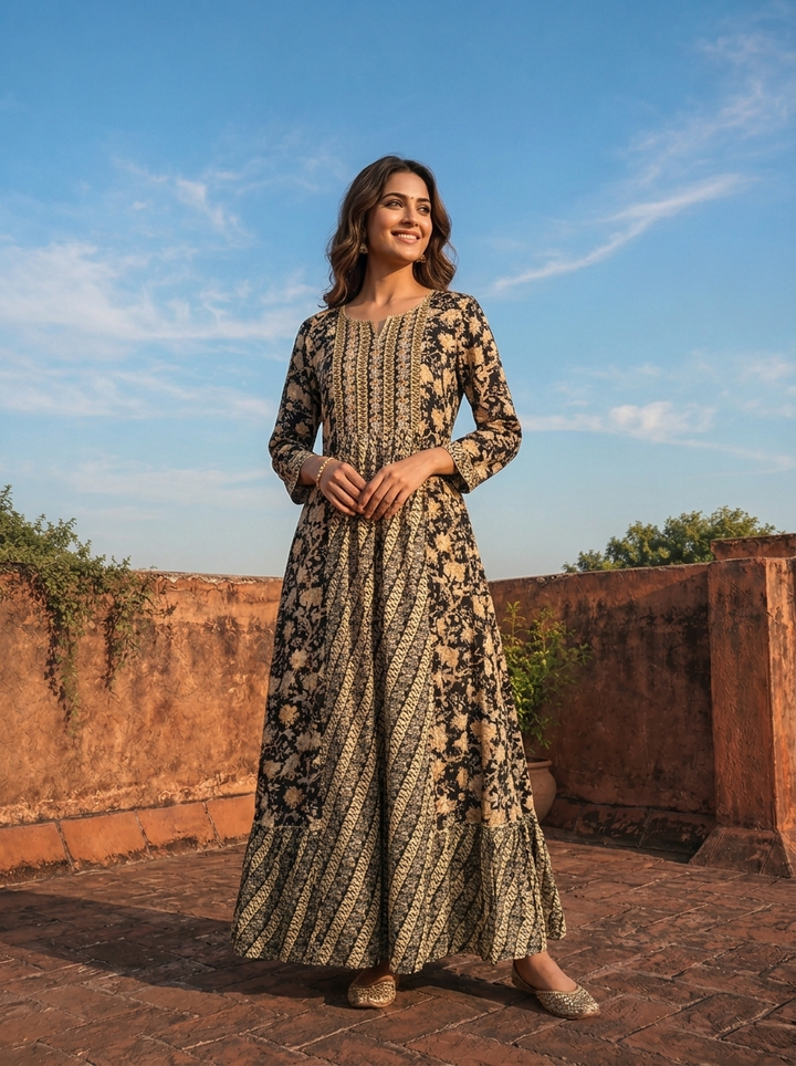 Black Rayon Floral Geometric Printed Long Dress