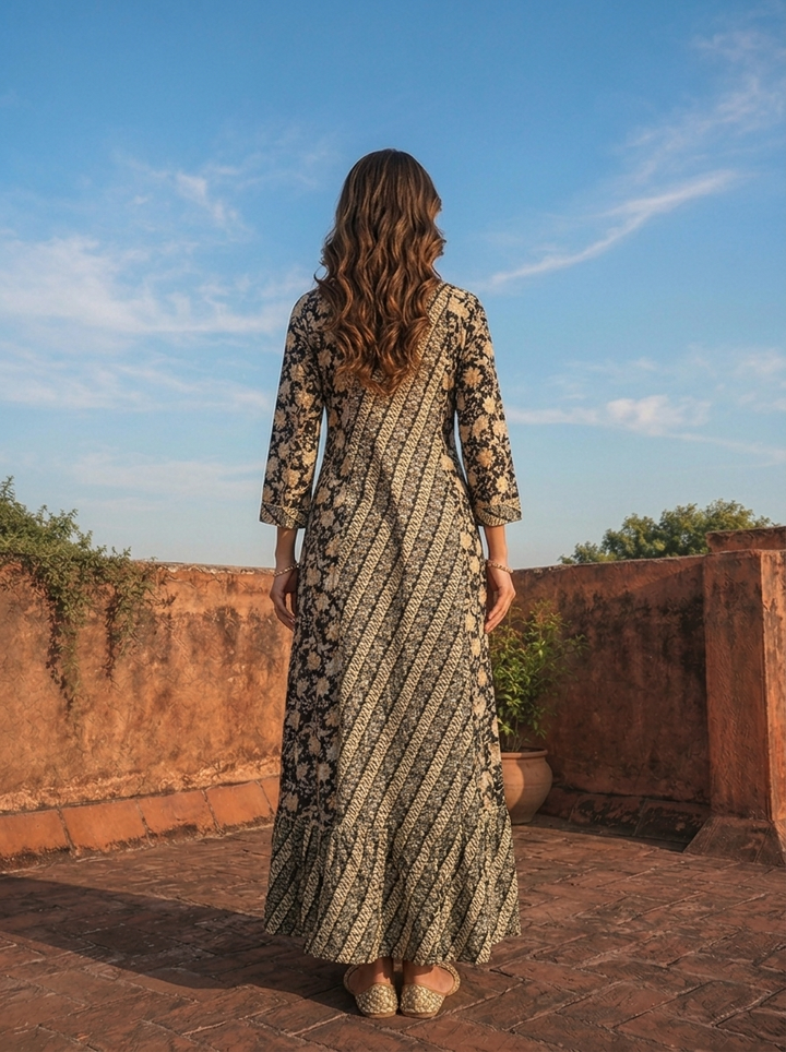 Black Rayon Floral Geometric Printed Long Dress