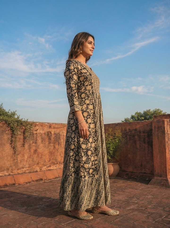 Black Rayon Floral Geometric Printed Long Dress