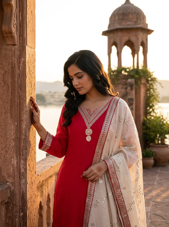 Rani Pink Vichitra Silk Geometric Zari Embroidery Three Piece Set