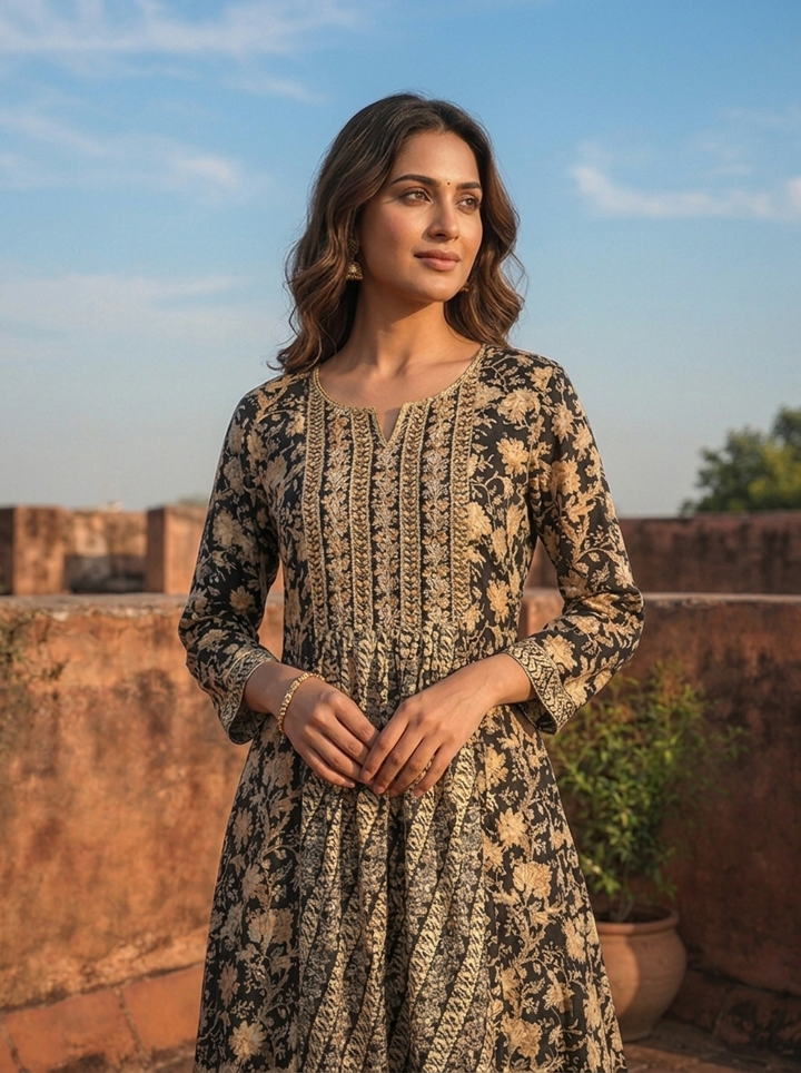 Black Rayon Floral Geometric Printed Long Dress
