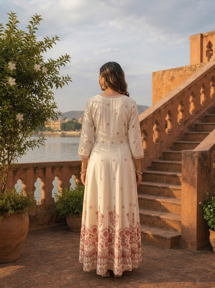 Cream Rayon Floral Ethnic Motif Printed Dress