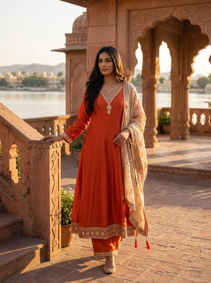 Orange Vichitra Silk Geometric Zari Embroidery Three Piece Set