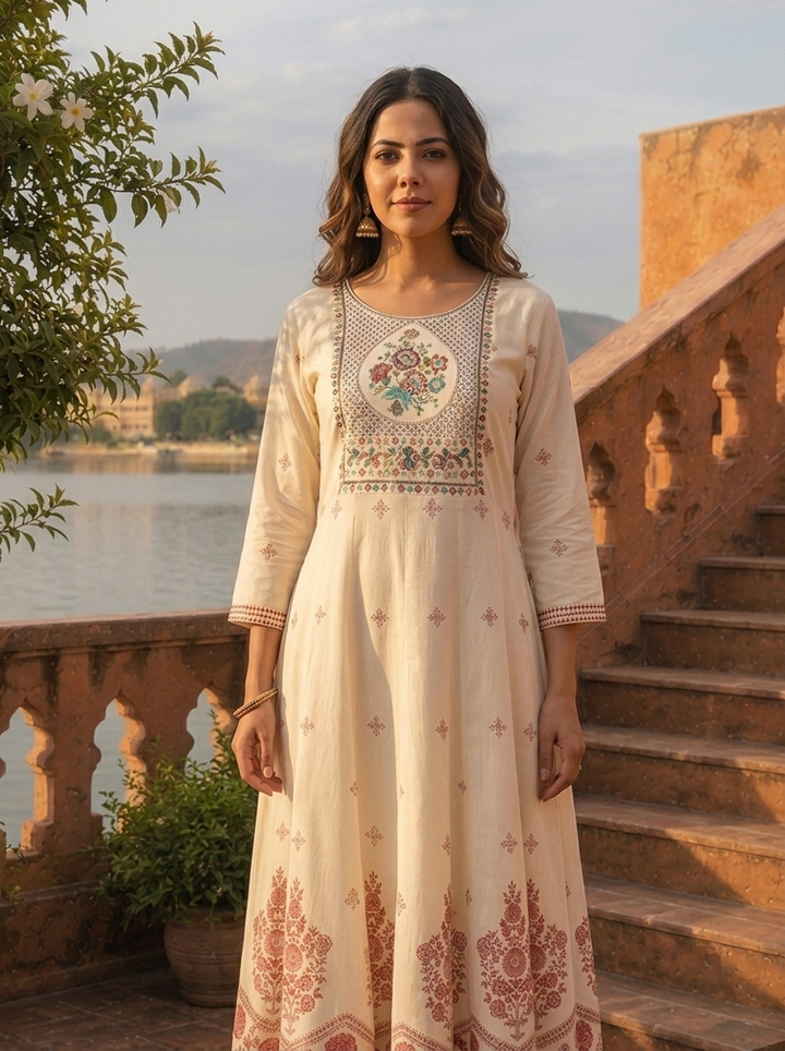 Cream Rayon Floral Ethnic Motif Printed Dress