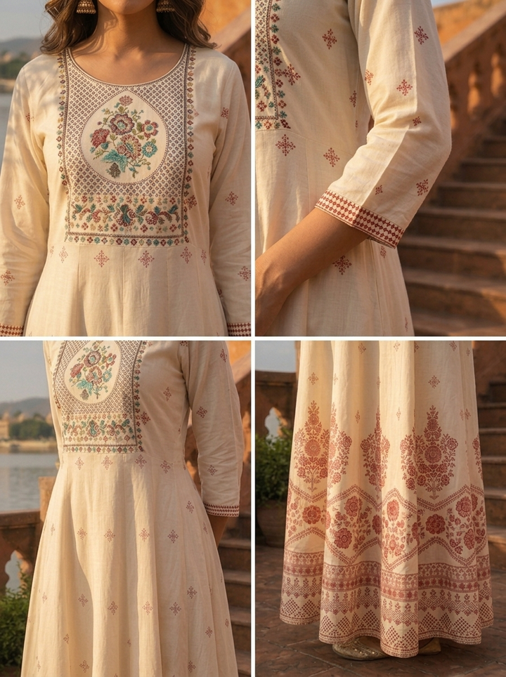 Cream Rayon Floral Ethnic Motif Printed Dress
